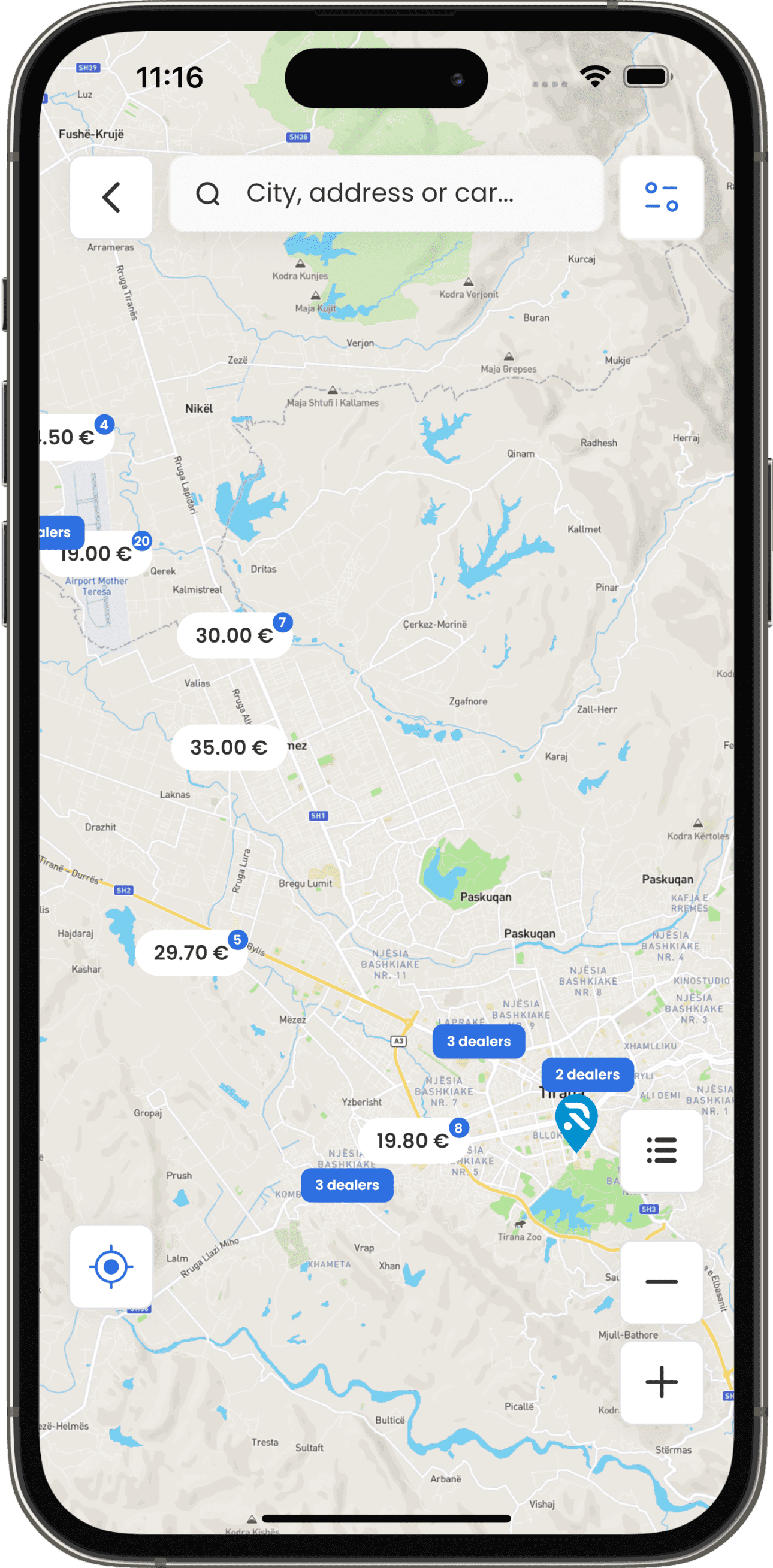 RentX car rental locations across Albania