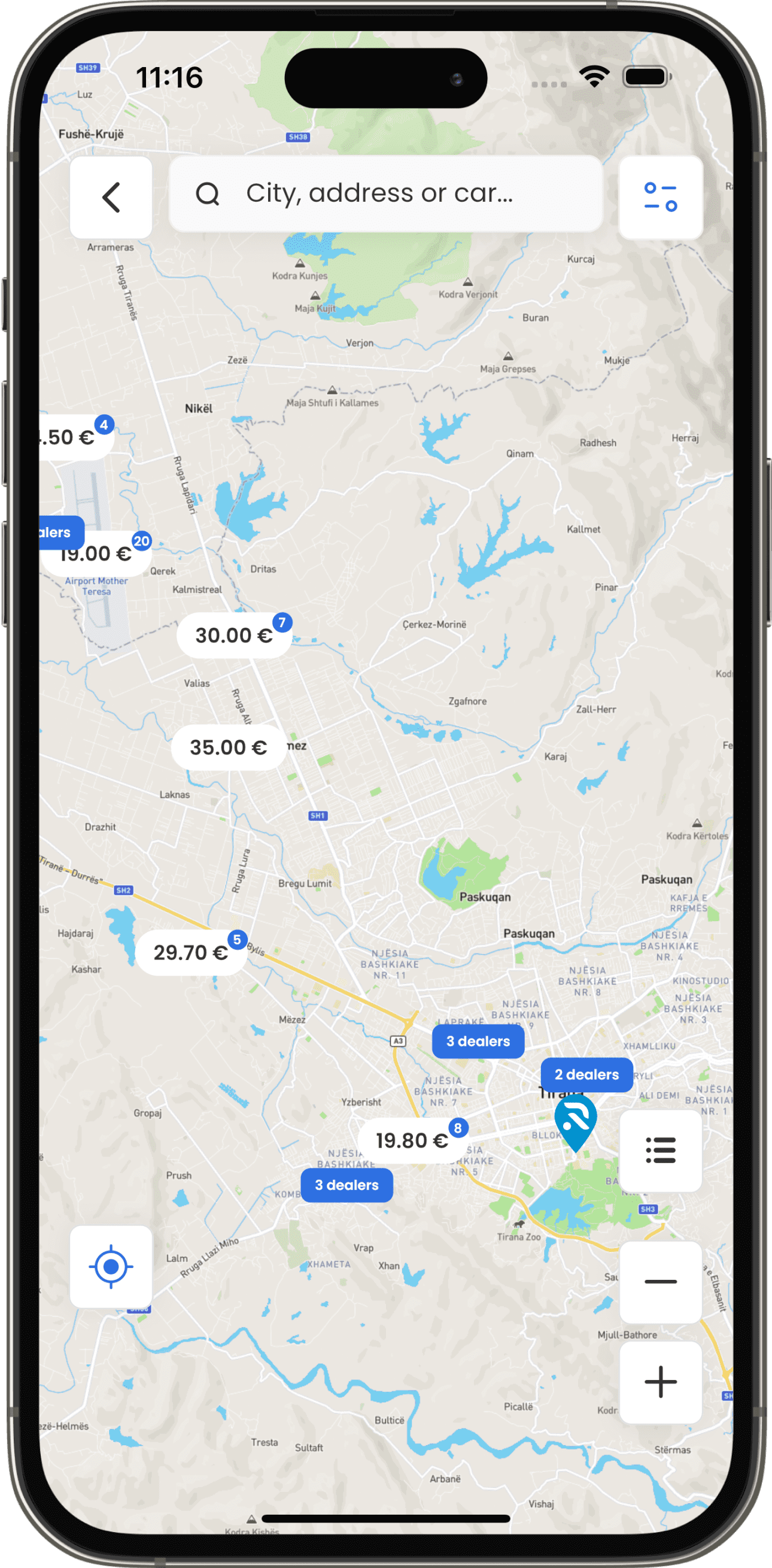 RentX car rental locations across Albania